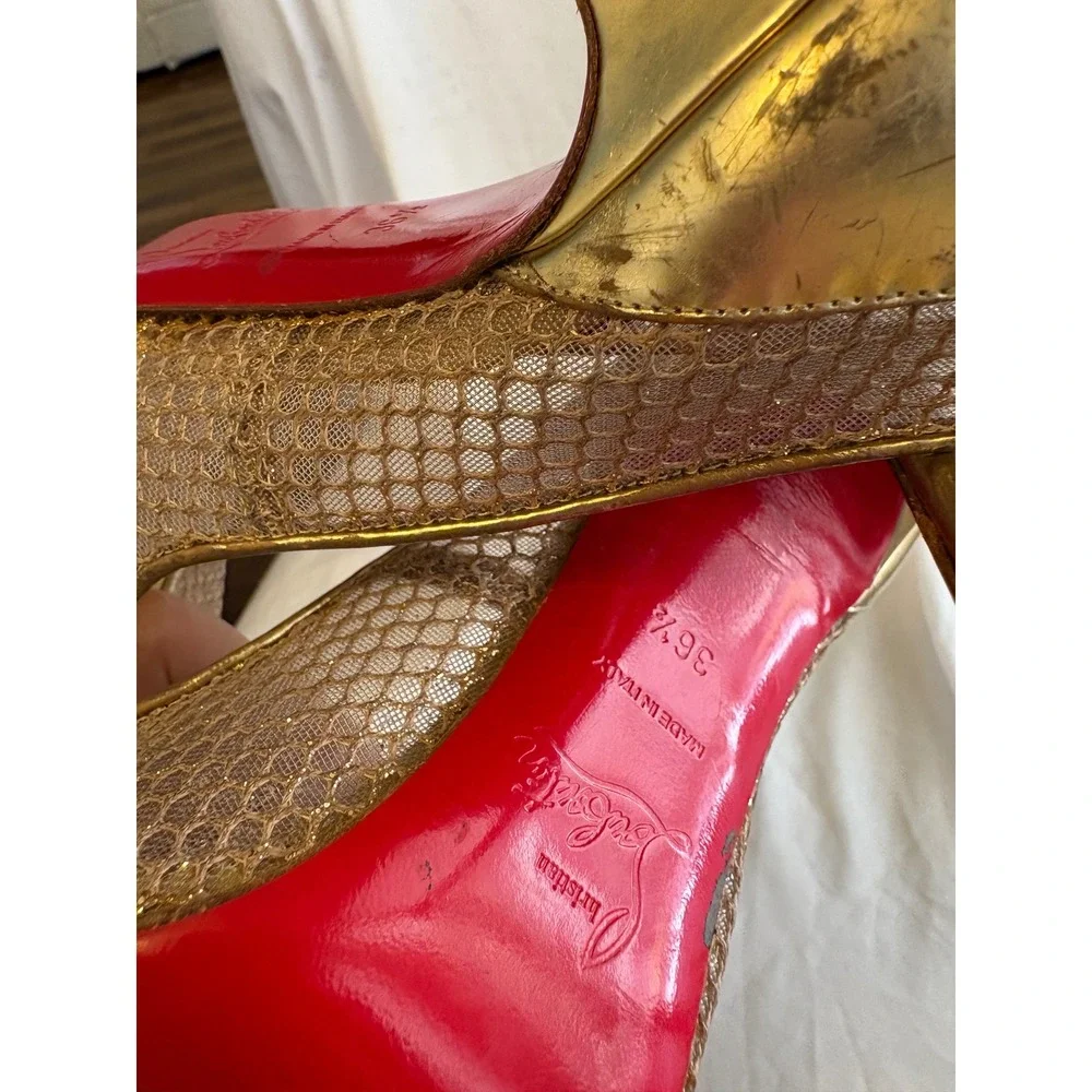 Christian Louboutin Follies Resille Gold Mesh Red Bottom Pumps Heels 36.5